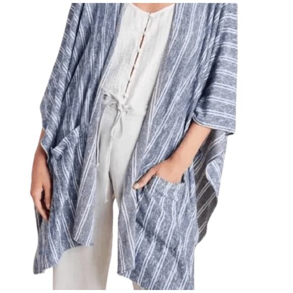Anthropologie Soft Saturday/Sunday Barlia Blue Striped Boho Kimono w Pockets - Picture 2 of 12